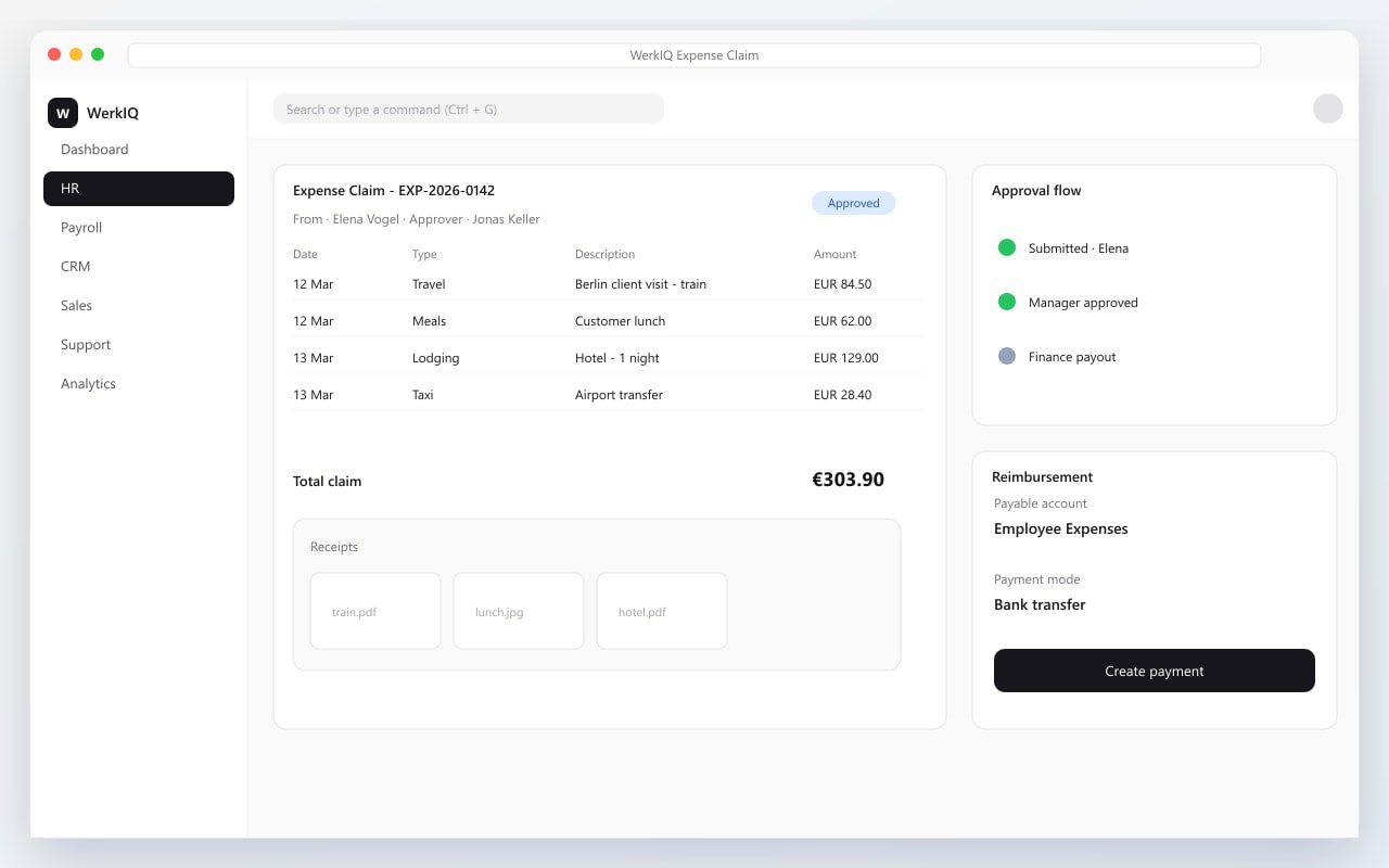 WerkIQ expense claim form with receipts and approval workflow