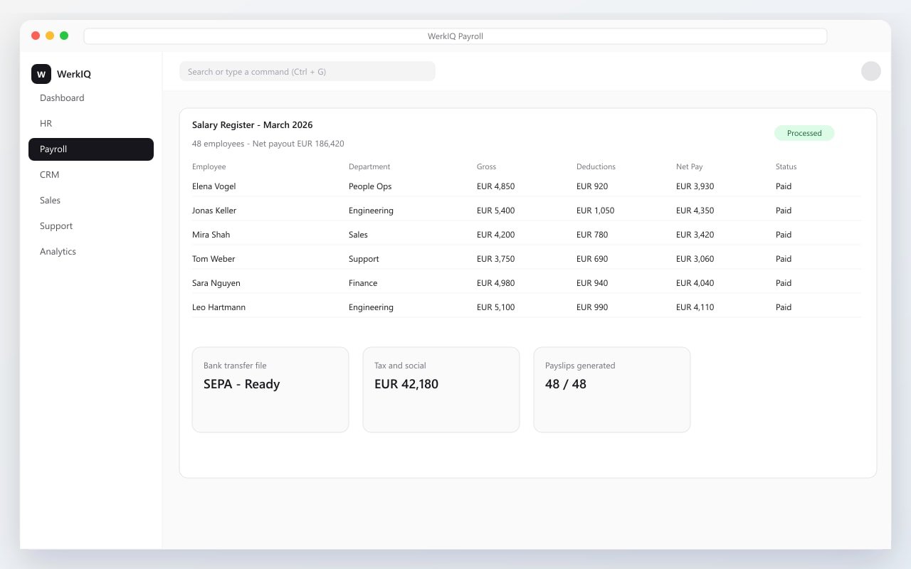WerkIQ Payroll salary register with net pay and payout status