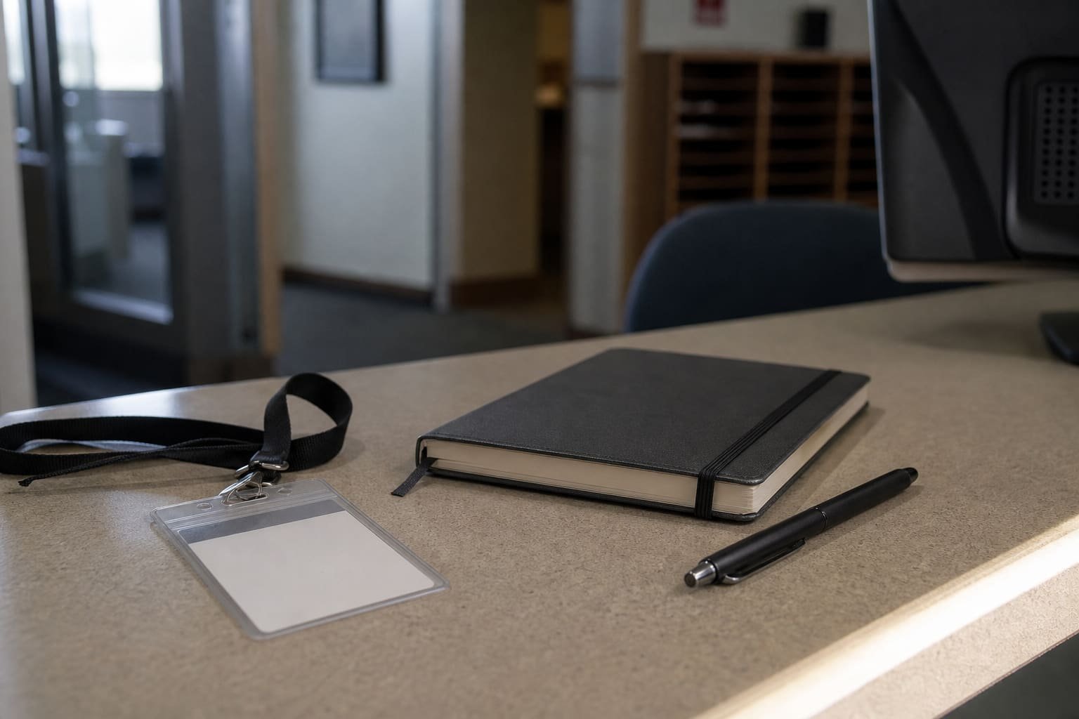 New hire badge and notebook on a reception desk in soft morning light