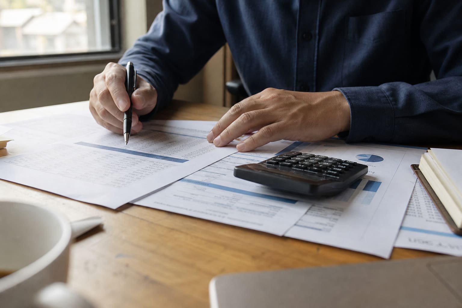 Person reviewing printed payroll figures at a desk near a window