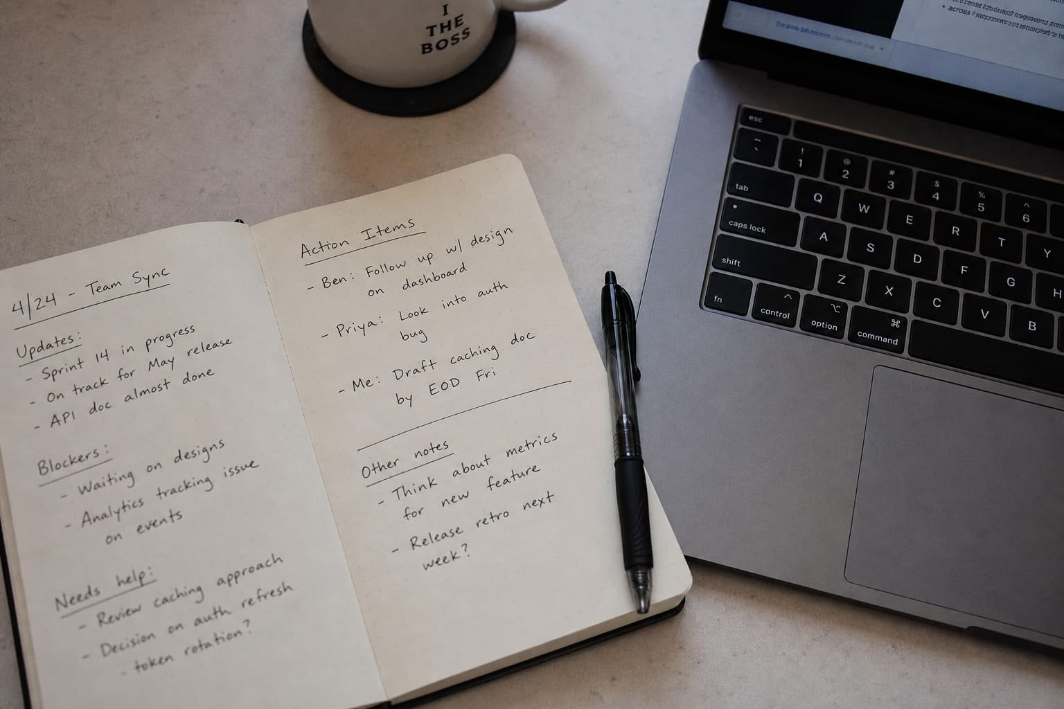 Notebook with handwritten notes beside a laptop in a quiet office