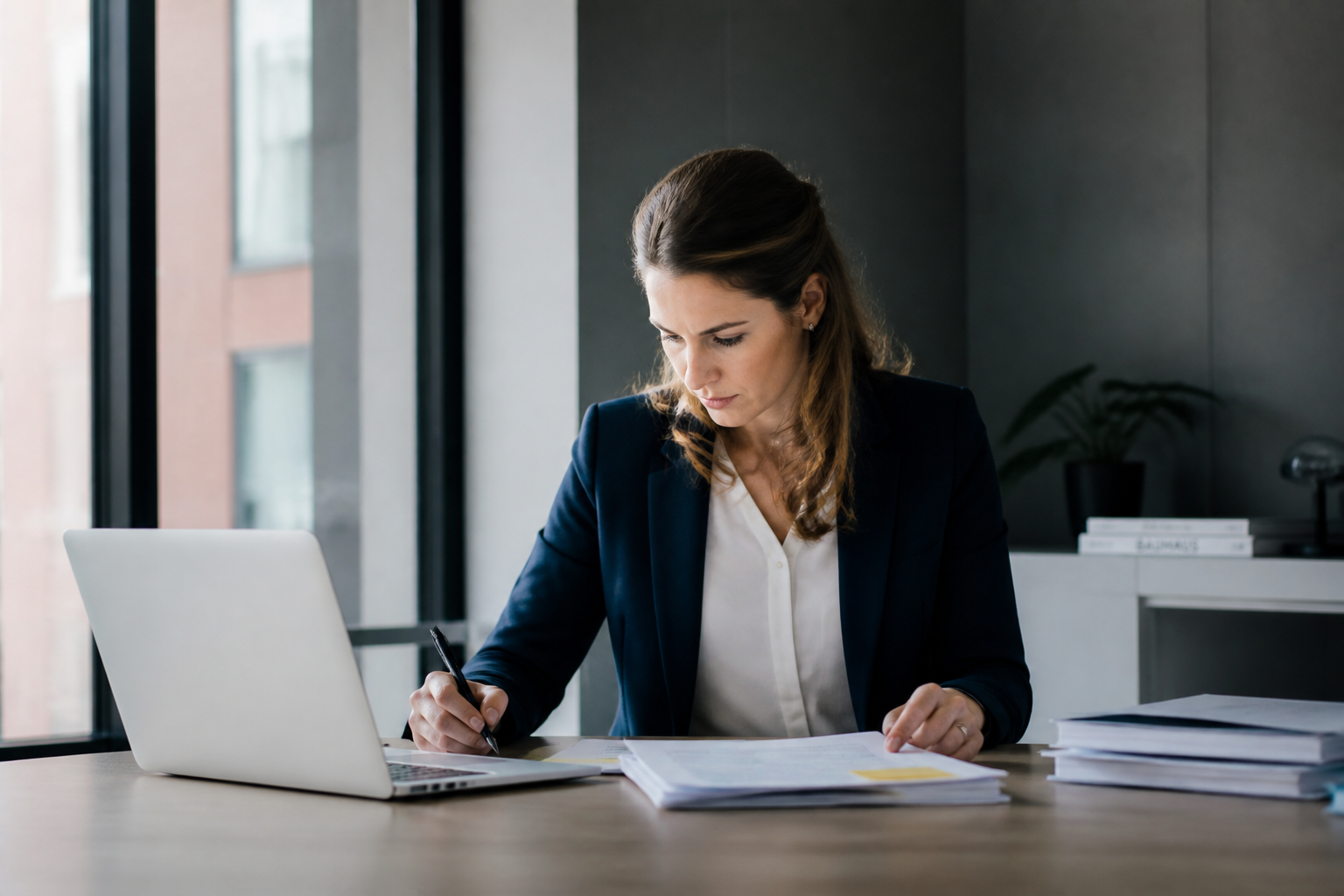 Focused professional coordinating laptop work and documents in a modern office