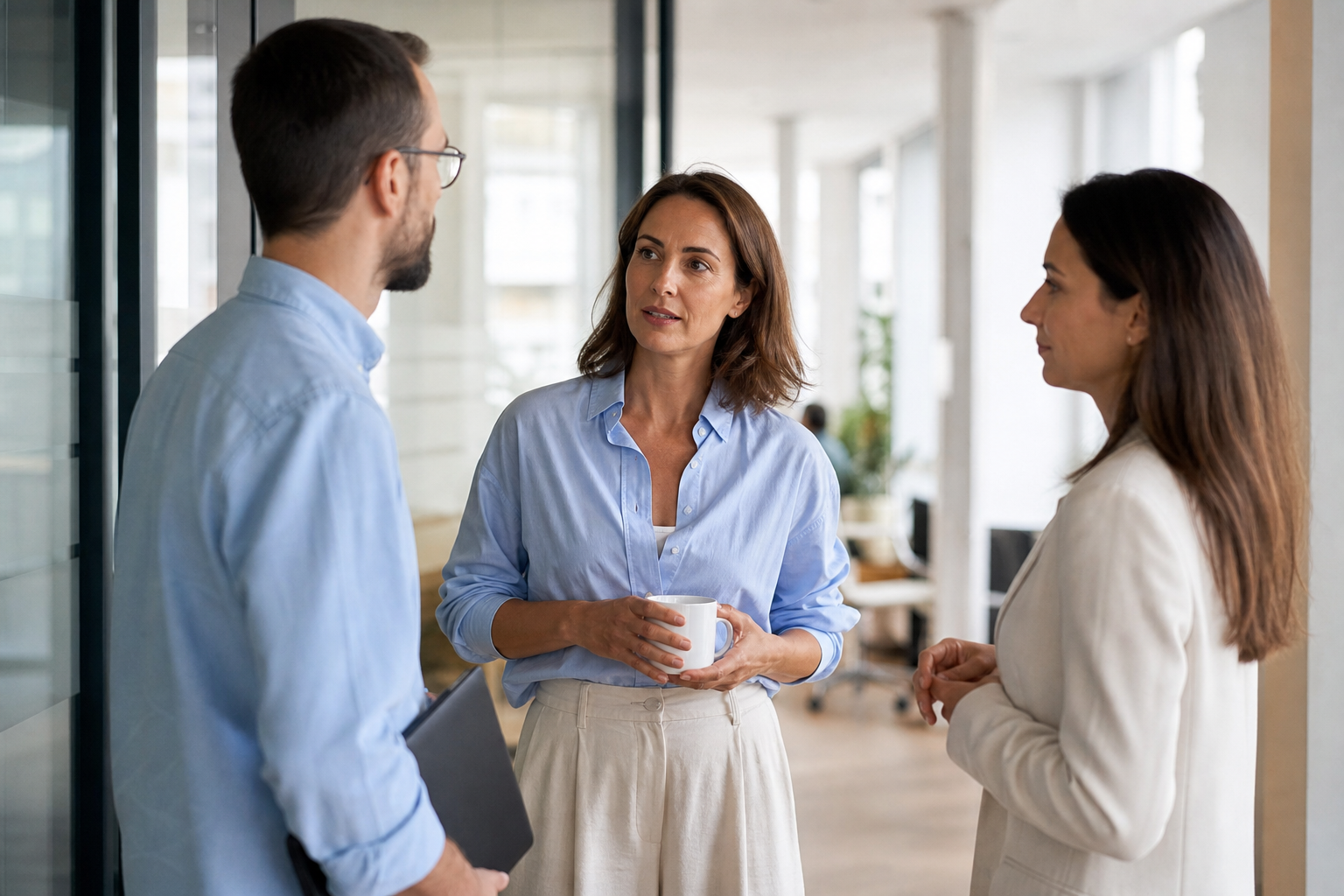 Manager having a natural conversation with colleagues in a modern workplace